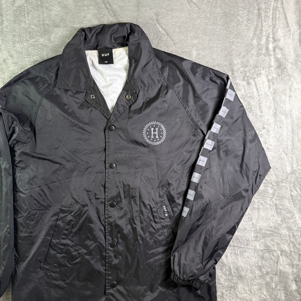HUF Y2K Coaches Jacket Checker Sleeve Logo Skateboarding Black Mens Size M (READ